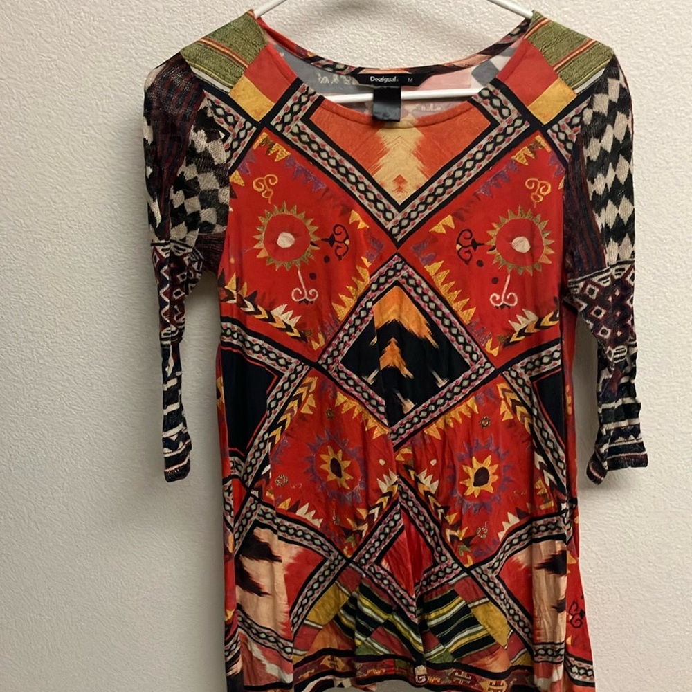 Desigual Art  To Wear Bohemian Print 3/4 Sleeve Tunic Top Size Medium Boho M